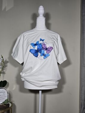 Unisex White Tee with Blue & Purple Butterfly Graphic NWOT